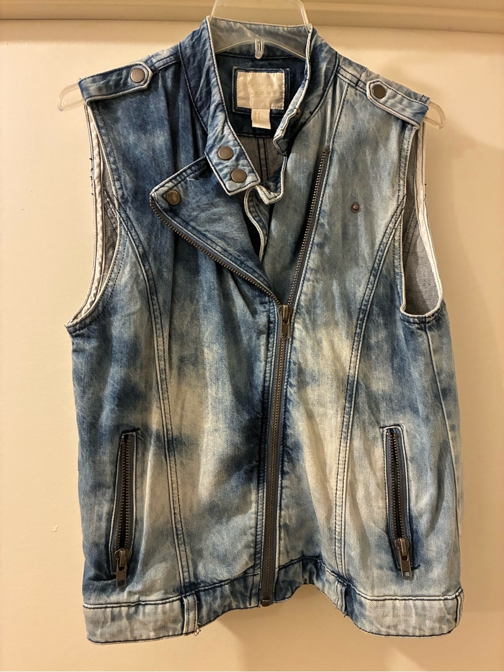 Forever 21 Los Angeles Acid Wash Moto Denim Vest - M Blue 80s Punk Grunge Zip Up